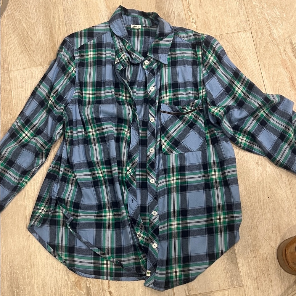 Aerie Small Blue and Green Plaid Flannel Pajama Top NWOT Button-Up Shirt